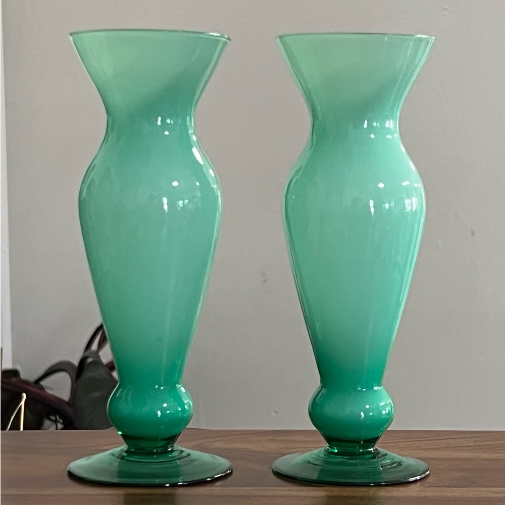Pair of Art Glass Green White Cased Vases